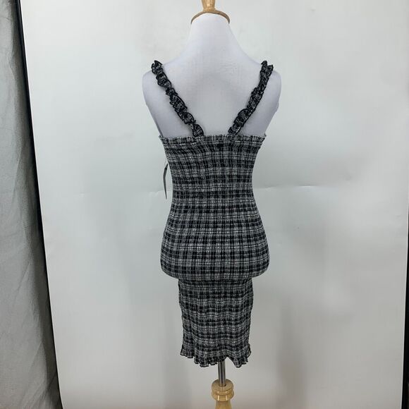 Volcom Shirred Mini Dress Womens XS Extra Small Check Plaid Square Neck Bodycon - Picture 5 of 16